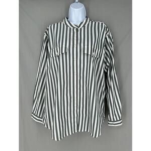 Ann Taylor Top Womens XL Green Striped White Button Oversized Pocket Classic